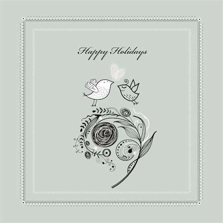 drawing designs for greeting card - graphical greeting card with plants and birds in love on a gray background with  border Stock Photo - Budget Royalty-Free & Subscription, Code: 400-05917292