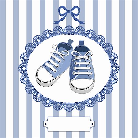elakwasniewski (artist) - Blue shoes or pair kids sneaker background, oval lace frame, ribbon and shield for you text Stock Photo - Budget Royalty-Free & Subscription, Code: 400-05917360