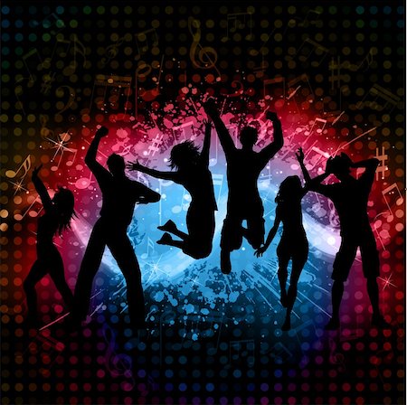 flowing musical notes illustration - Silhouettes of people dancing on a grunge music notes background Stock Photo - Budget Royalty-Free & Subscription, Code: 400-05917568