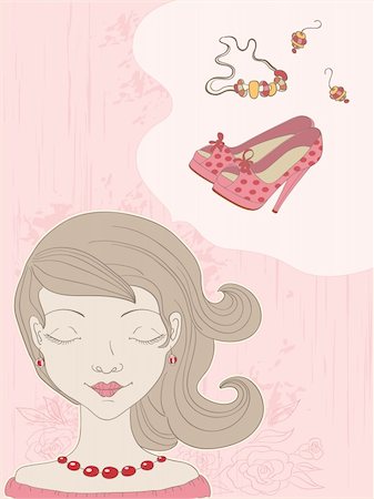 earring drawing - vector hand drawn pink  background with girl Photographie de stock - Aubaine LD & Abonnement, Code: 400-05918171