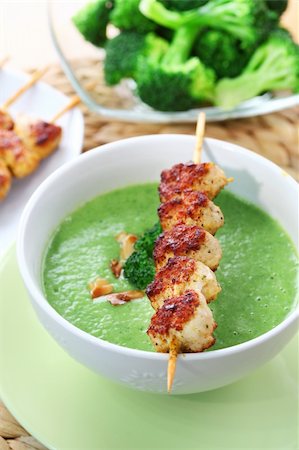 raw chicken dishes - Broccoli soup roasted almond and skewered chicken Stock Photo - Budget Royalty-Free & Subscription, Code: 400-05918473
