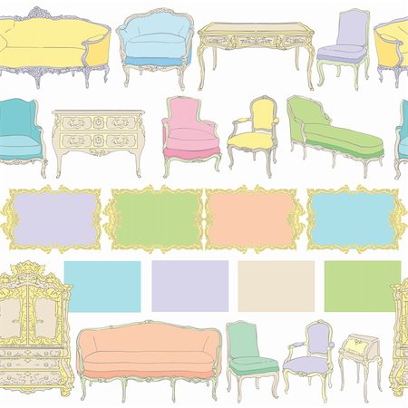 rococo mirror silhouette - rococo furniture pattern, colored doodles on white Stock Photo - Budget Royalty-Free & Subscription, Code: 400-05919603