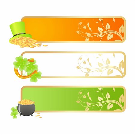 simsearch:400-04316567,k - Banners for St. Patrick's day in Irish flag colors and holiday symbols - Leprechaun hat, pot of gold and horseshoe Foto de stock - Royalty-Free Super Valor e Assinatura, Número: 400-05919783