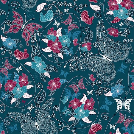 Seamless dark blue ester floral pattern with eggs, butterflies and flowers (vector) Stock Photo - Budget Royalty-Free & Subscription, Code: 400-05919823