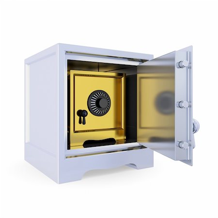 Opened iron safe and another golden safe inside. Double protection concept. Isolated on white background. 3d rendered. Stock Photo - Budget Royalty-Free & Subscription, Code: 400-05919927