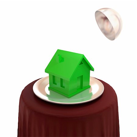 simsearch:400-04526804,k - Green plastic house on a silver dish. 3d rendered. Isolated on white background. Stockbilder - Microstock & Abonnement, Bildnummer: 400-05919934