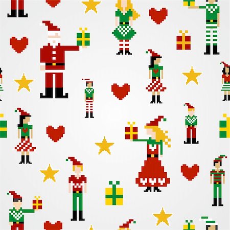 diverse christmas party - Santa and elves pixel characters christmas design. Seamless pattern background vector illustration. Stock Photo - Budget Royalty-Free & Subscription, Code: 400-05910156