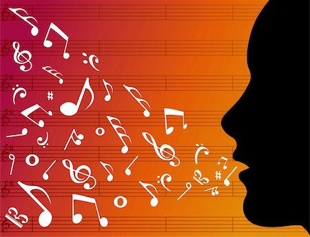 Woman head silhouette with music notes splashes from her mouth over orange background. Vector file available. Stock Photo - Budget Royalty-Free & Subscription, Code: 400-05910285