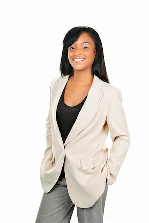 simsearch:400-05677069,k - Happy young black businesswoman standing isolated on white background Fotografie stock - Microstock e Abbonamento, Codice: 400-05910773