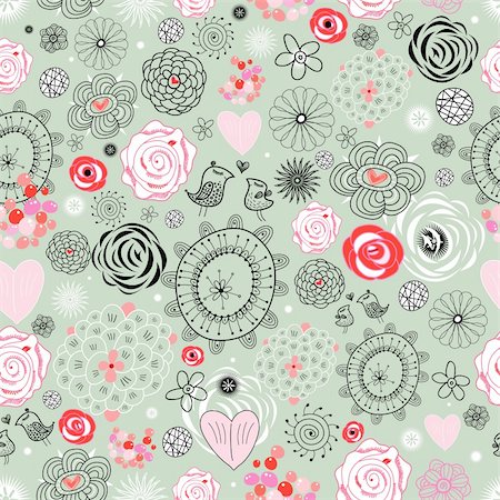 drawing of roses - seamless graphic pattern with decorative birds on a green background Stock Photo - Budget Royalty-Free & Subscription, Code: 400-05911194
