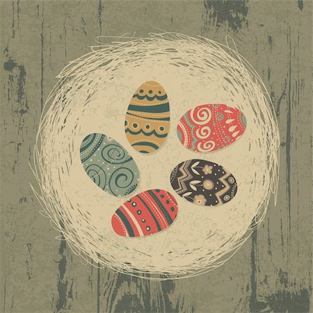 pastel spring pattern - Easter eggs in nest on wooden texture. Easter background, retro styled. Stock Photo - Budget Royalty-Free & Subscription, Code: 400-05911354