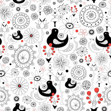 Seamless floral pattern with black birds on a white background Stock Photo - Budget Royalty-Free & Subscription, Code: 400-05911694