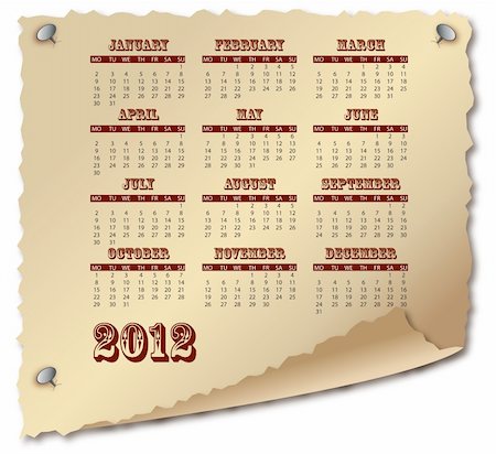 Scroll of old paper with calendar 2012 on white Stock Photo - Budget Royalty-Free & Subscription, Code: 400-05912139