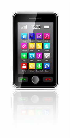 simsearch:400-08404609,k - Touchscreen smartphone with applications icon on white Stock Photo - Budget Royalty-Free & Subscription, Code: 400-05912221