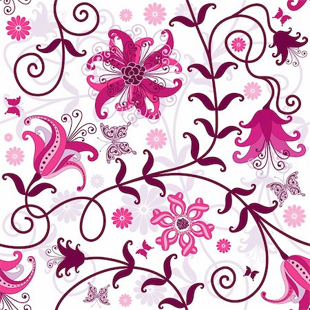 flowers curl - Seamless floral pattern with pink and purple  flowers and butterflies (vector) Stock Photo - Budget Royalty-Free & Subscription, Code: 400-05912268