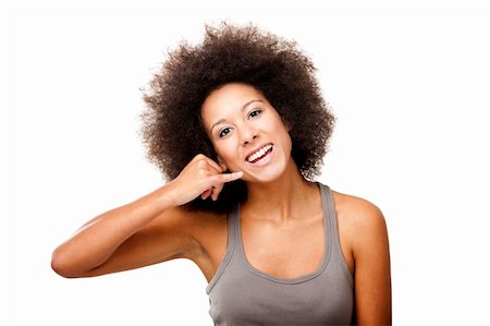 simsearch:400-06065810,k - Beautiful Afro-American woman showing the call sign, isolated on white Foto de stock - Super Valor sin royalties y Suscripción, Código: 400-05912350