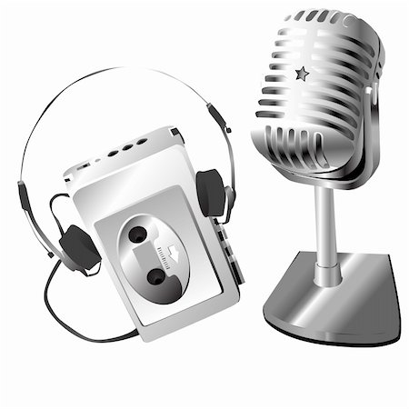 retro silver microphone and walkman isolated on white Stock Photo - Budget Royalty-Free & Subscription, Code: 400-05912496