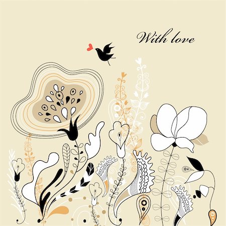 flower decoration white and black - graphical greeting card with flowers and a bird on a light brown background Stock Photo - Budget Royalty-Free & Subscription, Code: 400-05912525