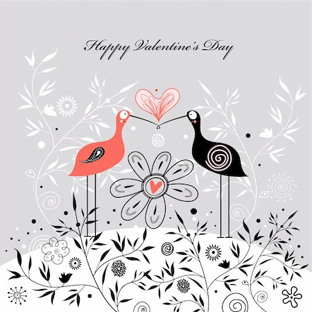 drawing designs for greeting card - graphic love bird in the background of the plant with a heart Stock Photo - Budget Royalty-Free & Subscription, Code: 400-05912543