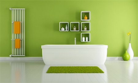 green modern bathroom with white bathroom and vertical radiator - rendering Stock Photo - Budget Royalty-Free & Subscription, Code: 400-05927342