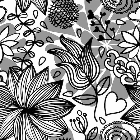 flower graphic pattern - Seamless black and white floral pattern with drops and design elements Stock Photo - Budget Royalty-Free & Subscription, Code: 400-05927864