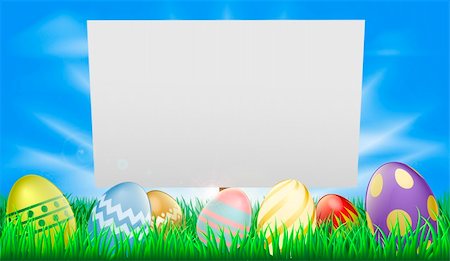 poster background, nature - Easter sign illustration in meadow with sun rays and decorated Easter eggs Stock Photo - Budget Royalty-Free & Subscription, Code: 400-05927883