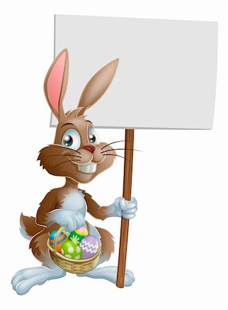 simsearch:400-07307426,k - Easter bunny rabbit holding a basket of Easter eggs and a sign Stock Photo - Budget Royalty-Free & Subscription, Code: 400-05928798