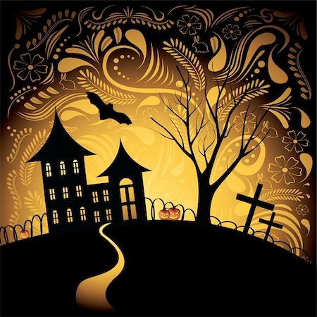 simsearch:400-04216941,k - Halloween background with pumpkin, night bat, tree and house Foto de stock - Super Valor sin royalties y Suscripción, Código: 400-05928847