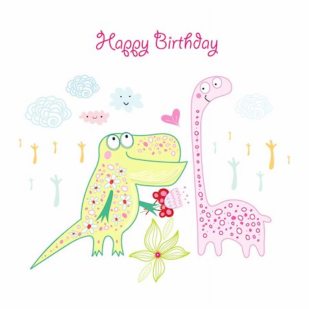 drawing designs for greeting card - colorful greeting card with dinosaurs on a white background with clouds Stock Photo - Budget Royalty-Free & Subscription, Code: 400-05928854