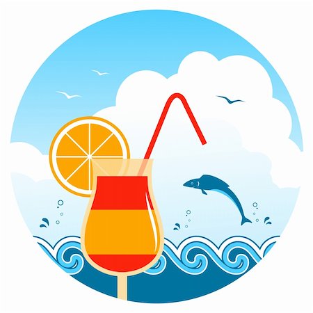 fresh blue fish - vector cocktail on the beach, waves and fish, Adobe Illustrator 8 format Stock Photo - Budget Royalty-Free & Subscription, Code: 400-05928863