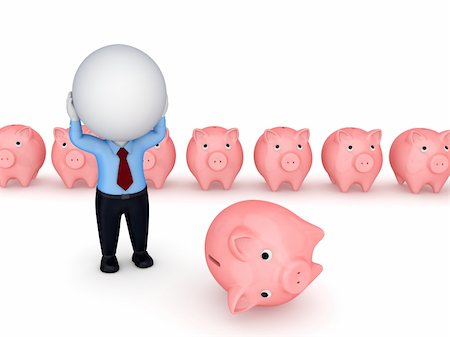 simsearch:400-04577394,k - Stressed 3d small person looking for a pink piggy bank.Isolated on white background. Stockbilder - Microstock & Abonnement, Bildnummer: 400-05920018