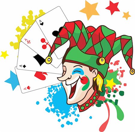 Smiling joker with cards and stars vector illustration Stock Photo - Budget Royalty-Free & Subscription, Code: 400-05920161