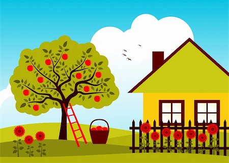 fruit tree silhouette - vector apple tree and cottage with picket fence, Adobe Illustrator 8 format Stock Photo - Budget Royalty-Free & Subscription, Code: 400-05920172