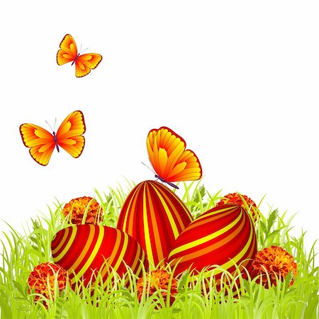 Three Easter eggs in the grass with flowers and butterflies Stock Photo - Budget Royalty-Free & Subscription, Code: 400-05920317