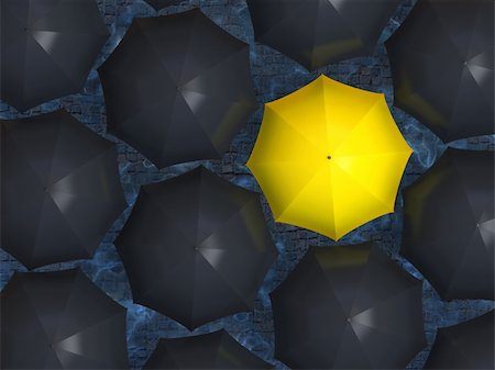 Bright yellow umbrella among set of black umbrellas. Stockbilder - Microstock & Abonnement, Bildnummer: 400-05920364