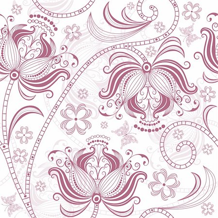 Seamless white and burgundy floral pattern with vintage flowers and butterflies (vector) Stock Photo - Budget Royalty-Free & Subscription, Code: 400-05920537