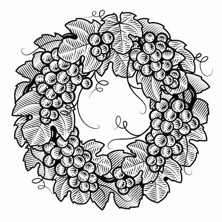 plant drawing decor - Retro grapes wreath in woodcut style. Black and white vector illustration. Stock Photo - Budget Royalty-Free & Subscription, Code: 400-05920627