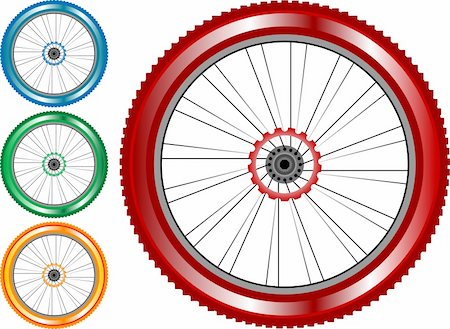 red bicycle nobody - set of colored bike wheel with tire and spokes isolated on white background. vector Stock Photo - Budget Royalty-Free & Subscription, Code: 400-05920631