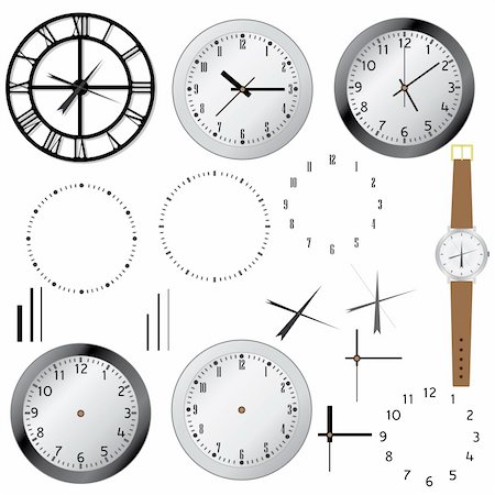 Set of clock and elements of clocks on the white background. Also available as a Vector in Adobe illustrator EPS 8 format, compressed in a zip file. Stock Photo - Budget Royalty-Free & Subscription, Code: 400-05920716