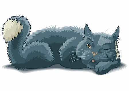 Lying cat with raised by tail watches one eye Stock Photo - Budget Royalty-Free & Subscription, Code: 400-05920745