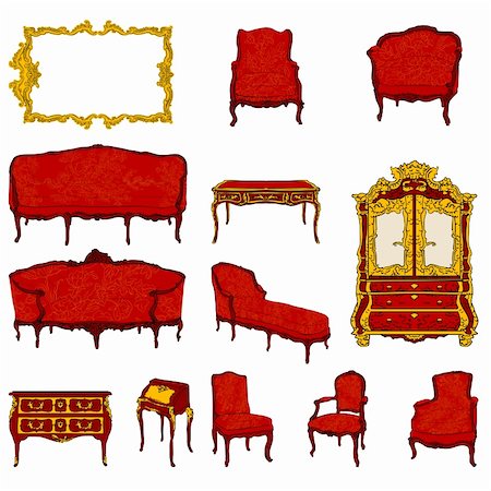 authentic rococo furniture colored doodles set and mirror isolated on white Foto de stock - Super Valor sin royalties y Suscripción, Código: 400-05920939
