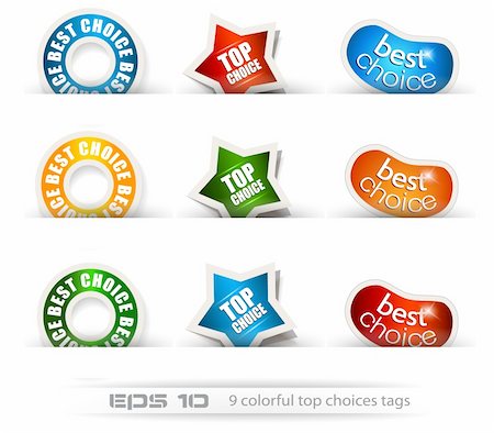 Set of nine best choices tags ready to place on every surface. Circular, Star and Bean shapes. Stock Photo - Budget Royalty-Free & Subscription, Code: 400-05920959
