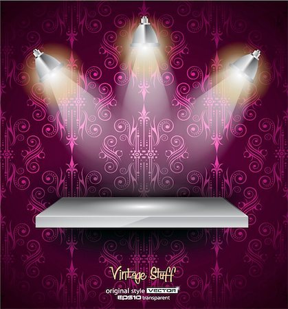 simsearch:400-04205617,k - Shelf with 3 LED spotlights with old dirty look on a vintage seamless wallpaper. Shadows are transparent. Stockbilder - Microstock & Abonnement, Bildnummer: 400-05920974