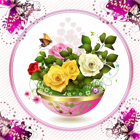 Flowers in flowerpot with roses and butterflies Stock Photo - Budget Royalty-Free & Subscription, Code: 400-05934685