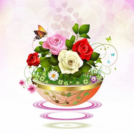 Flowers in flowerpot with roses and butterflies Stock Photo - Budget Royalty-Free & Subscription, Code: 400-05934681