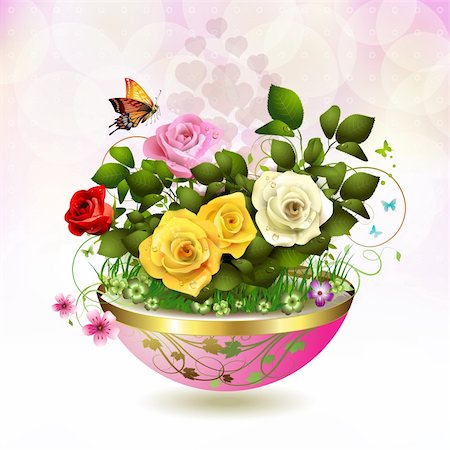 Flowers in flowerpot with roses and butterflies Stock Photo - Budget Royalty-Free & Subscription, Code: 400-05934682