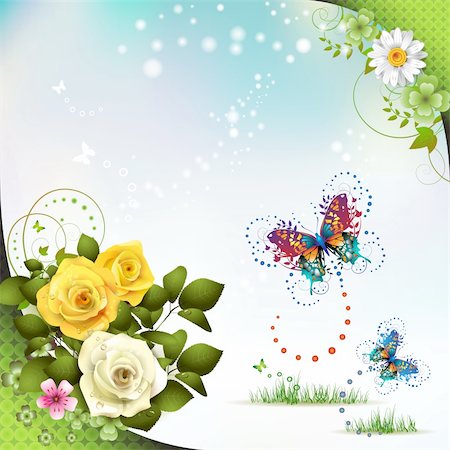 simsearch:400-06170897,k - Background with roses and butterflies Photographie de stock - Aubaine LD & Abonnement, Code: 400-05934683