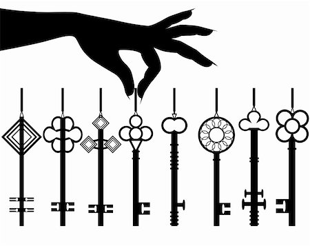finger holding a key - Silhouette female hand hold key set for an auto or apartment or office. Vector illustration isolated on white  background. Foto de stock - Super Valor sin royalties y Suscripción, Código: 400-05936191