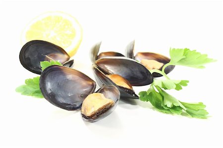 simsearch:400-05939167,k - Mussels with flat leaf parsley and lemon on a white background Photographie de stock - Aubaine LD & Abonnement, Code: 400-05936636