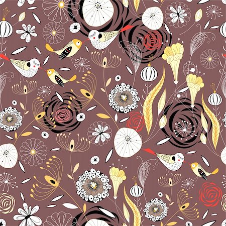 simsearch:400-05755345,k - Seamless floral pattern with birds on the burgundy background Stock Photo - Budget Royalty-Free & Subscription, Code: 400-05936643